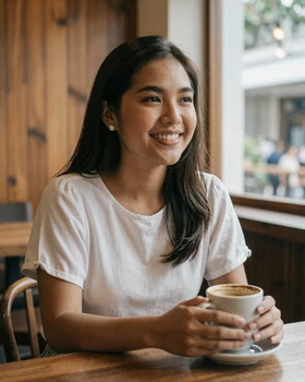 Beautiful Filipina woman smiling in a Manila cafe setting