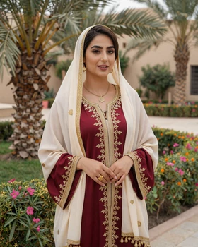 Beautiful Yemeni woman in traditional crimson embroidered dress in a sunlit garden setting