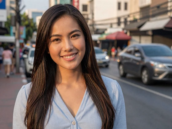 Smiling Thai woman on a Bangkok street representing genuine dating platform members