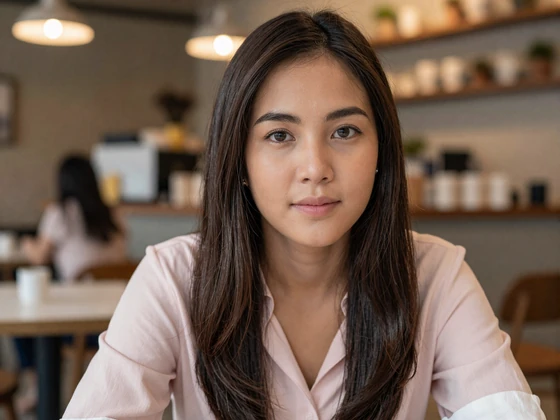 Thai woman in a Bangkok cafe representing indirect communication style in Asian dating culture