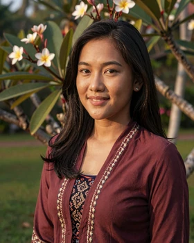 Beautiful Indonesian woman wearing traditional batik kebaya in tropical garden
