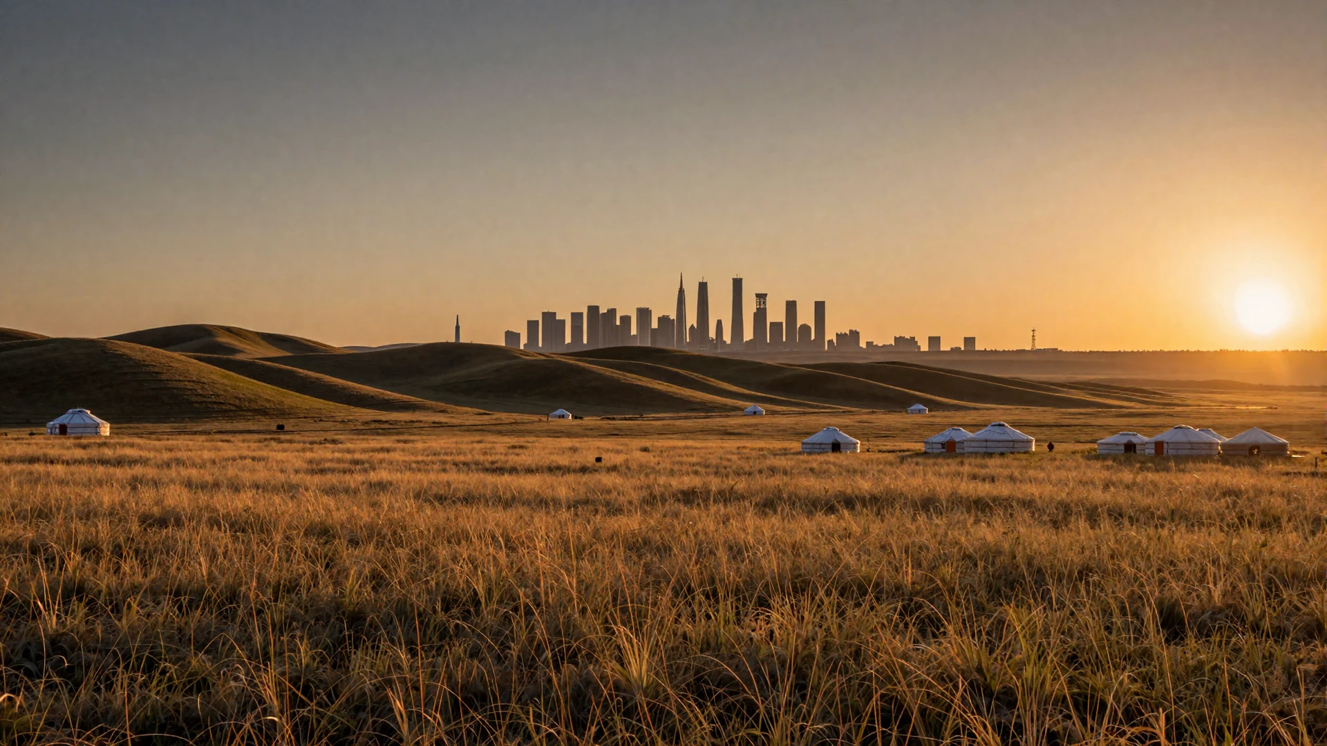 Kazakhstan golden steppe landscape at sunset with Astana skyline for Kazakh women dating