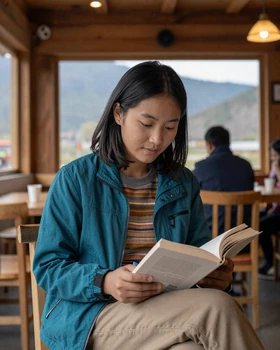 Young Bhutanese woman reading in a cozy Thimphu cafe with mountain views