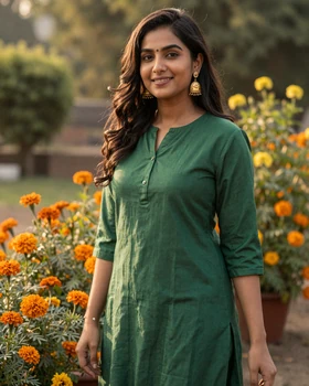 Beautiful Indian woman in elegant kurta with gold jewelry in garden setting