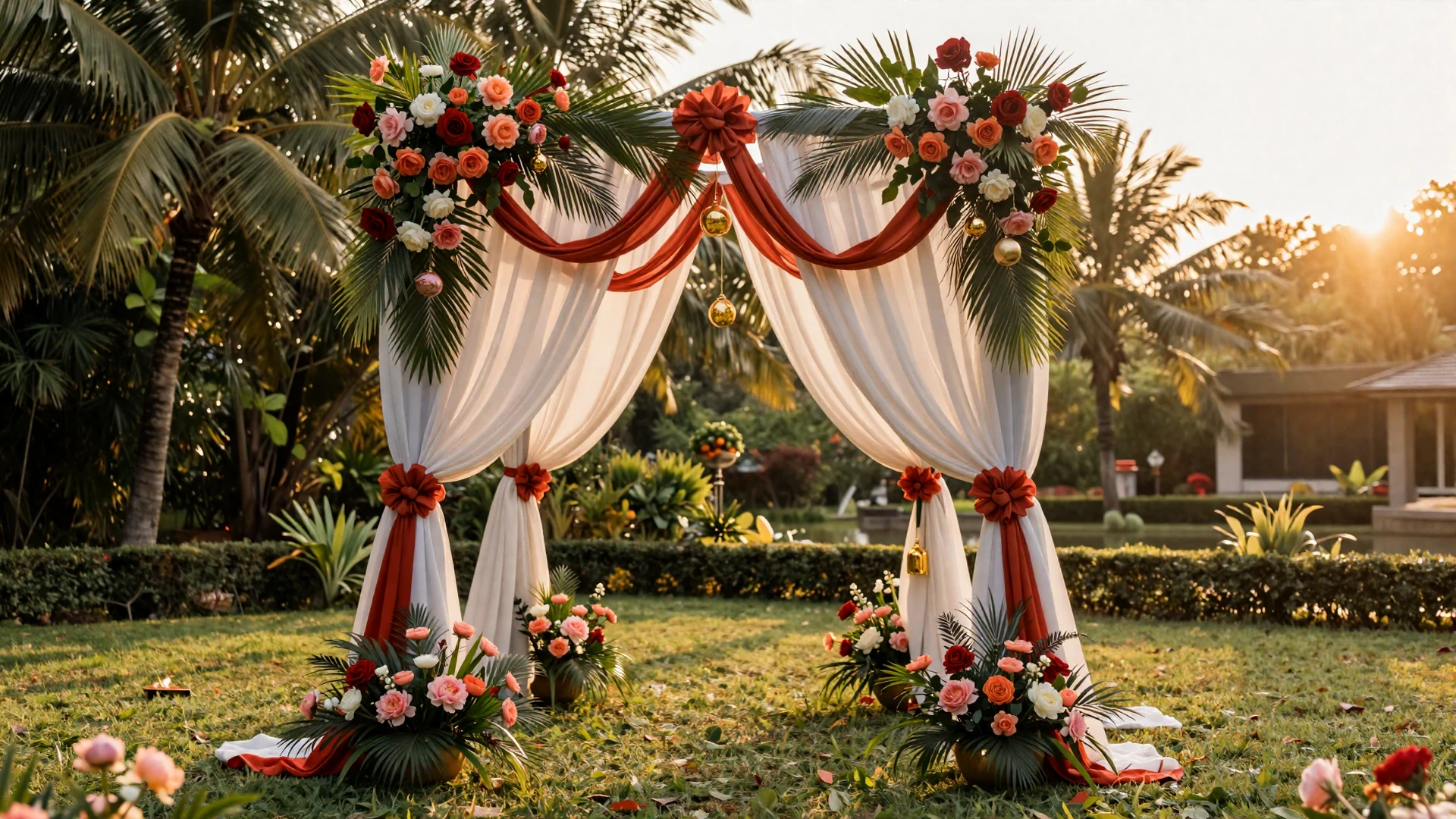 Elegant intercultural wedding ceremony arch blending Western and Asian decorations with red silk and gold ornaments at sunset
