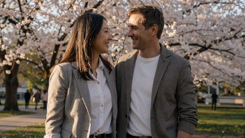 Happy American-Asian couple sharing a moment under cherry blossoms as a success story