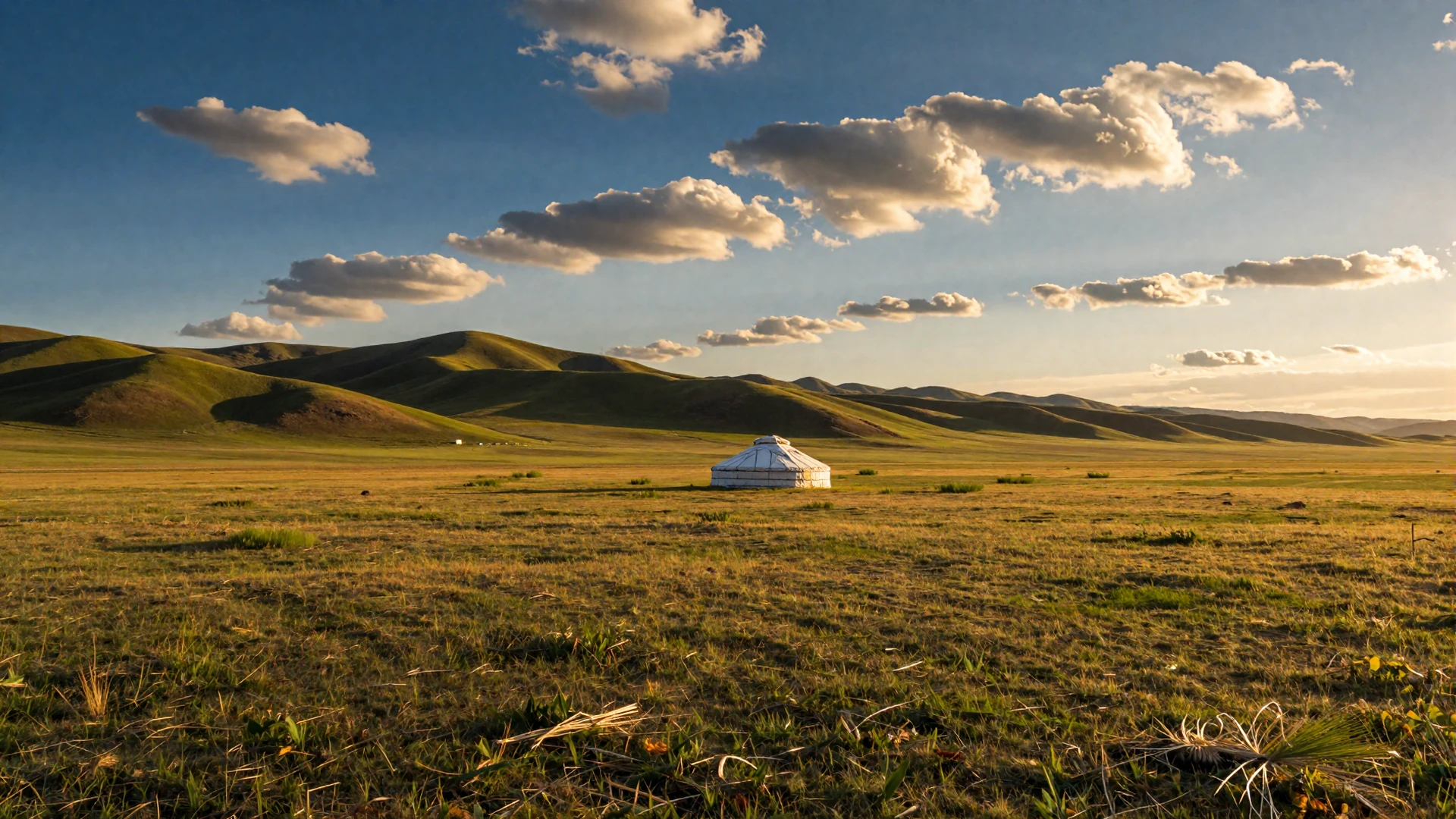 Vast Mongolian steppe with traditional ger at golden hour for Mongolian women dating