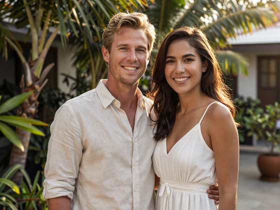 Happy American-Thai couple Robert and Araya meeting in Bangkok