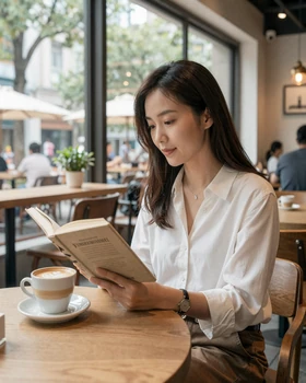 Young Chinese woman reading in modern Shanghai cafe for international dating